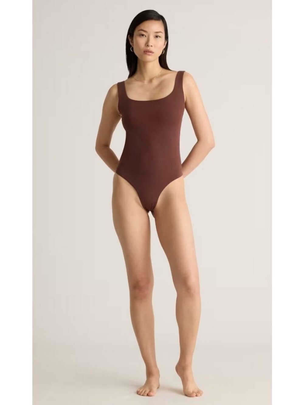 Quince Stretch Cotton Jersey Square Neck Tank Bodysuit Brown Size Small NWT